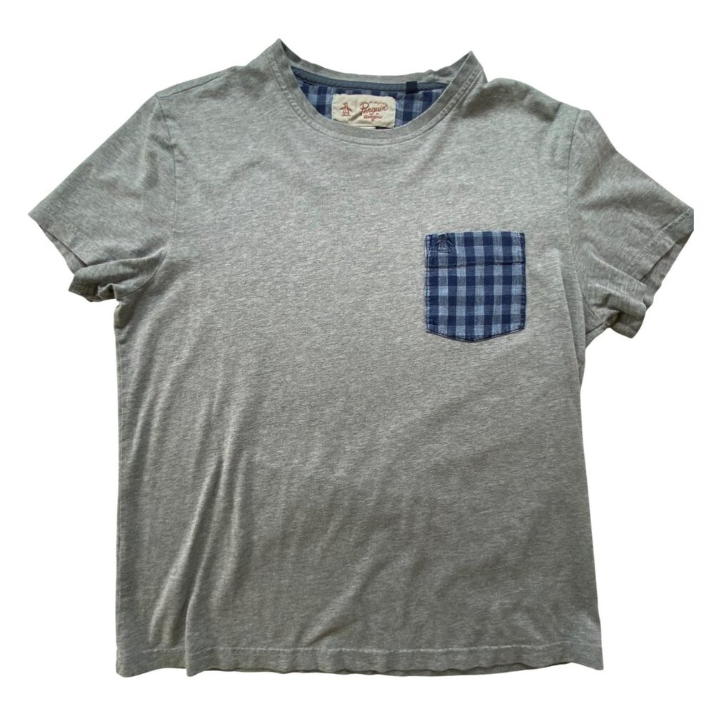 Original Penguin Gray T-Shirt With‎ Blue Checkered Pocket Medium Classic Preppy